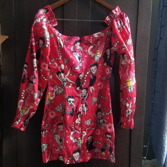 NWT BETTY BOOP RED MINI SATIN OFF SHOULDER Lover Catch A Kitten DRESS. - Picture 3 of 4